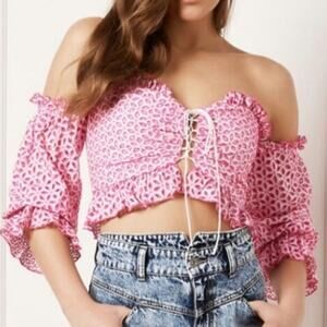 Bardot Pink Embroidered Eyelet Lace Up Off Shoulder Crop Top Festival Feminine